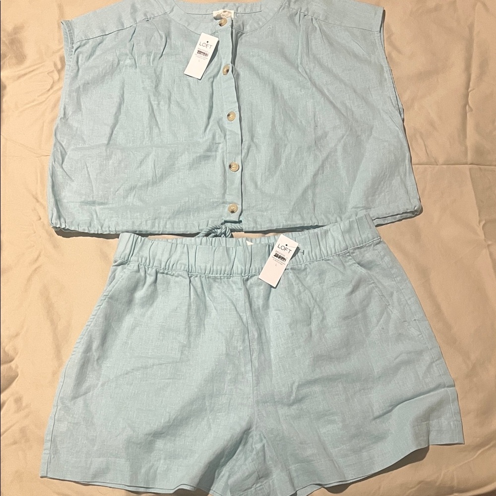 LOFT Sky Blue Button-Up Top and Shorts Set